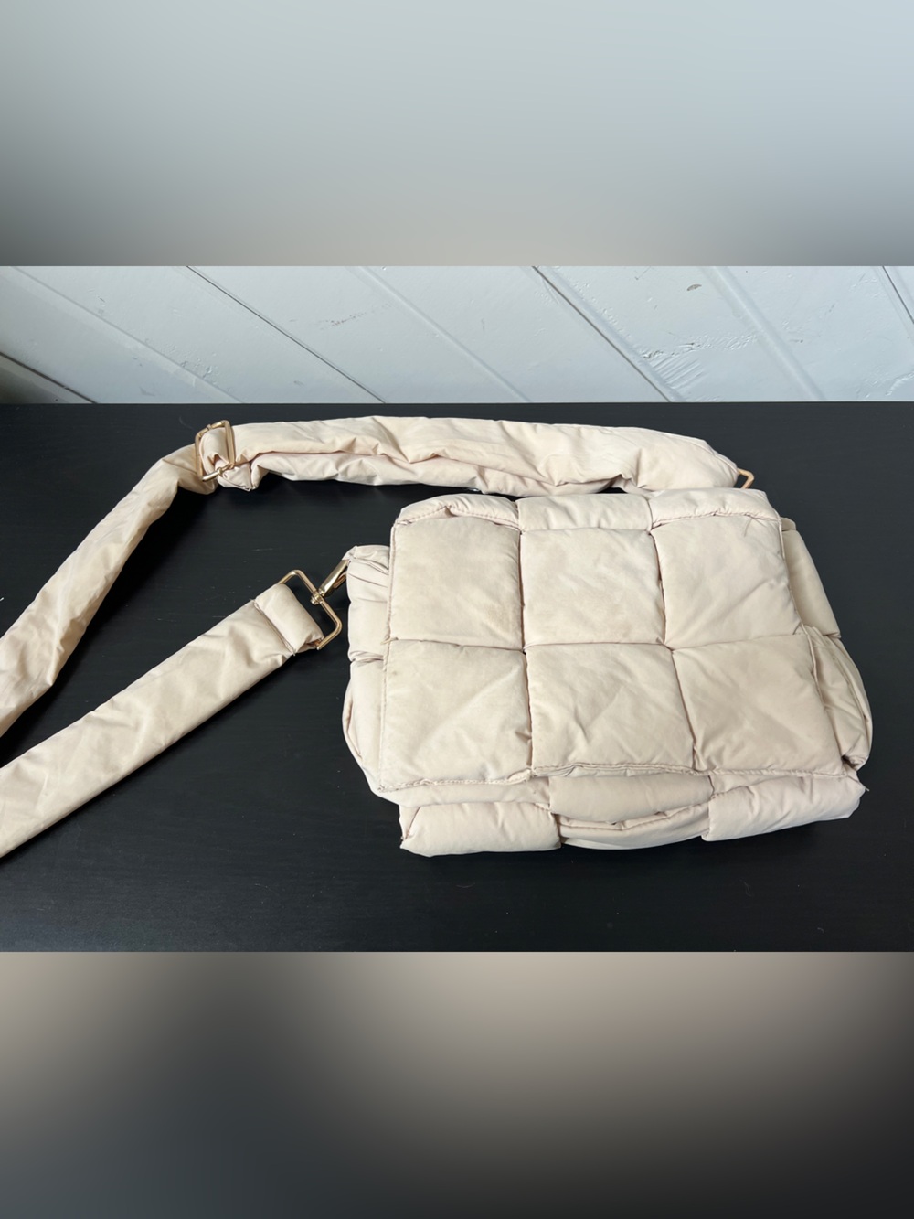 Beige Quilted Puffer Crossbody Small Bag with Adjustable Strap
